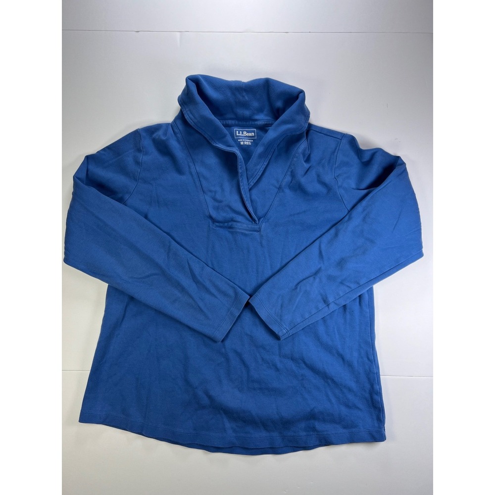 LL Bean Women M Blue Long Sleeve Shawl Collar V-Neck Pullover Top